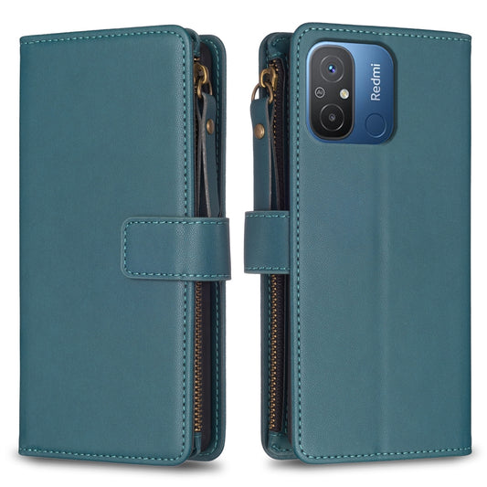 Xiaomi Redmi 12C Leather Flip Phone Case with 9 Card Slots, Zipper Wallet & Detachable Wristlet Strap