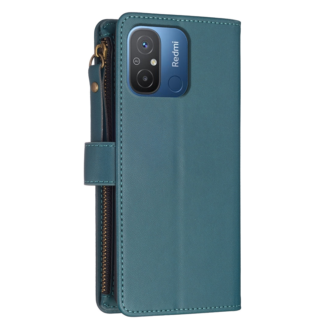 Xiaomi Redmi 12C Leather Flip Phone Case with 9 Card Slots, Zipper Wallet & Detachable Wristlet Strap