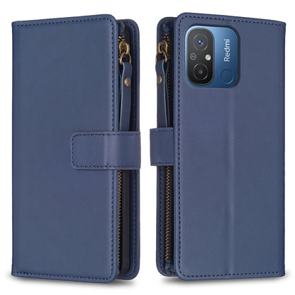 Xiaomi Redmi 12C Leather Flip Phone Case with 9 Card Slots, Zipper Wallet & Detachable Wristlet Strap