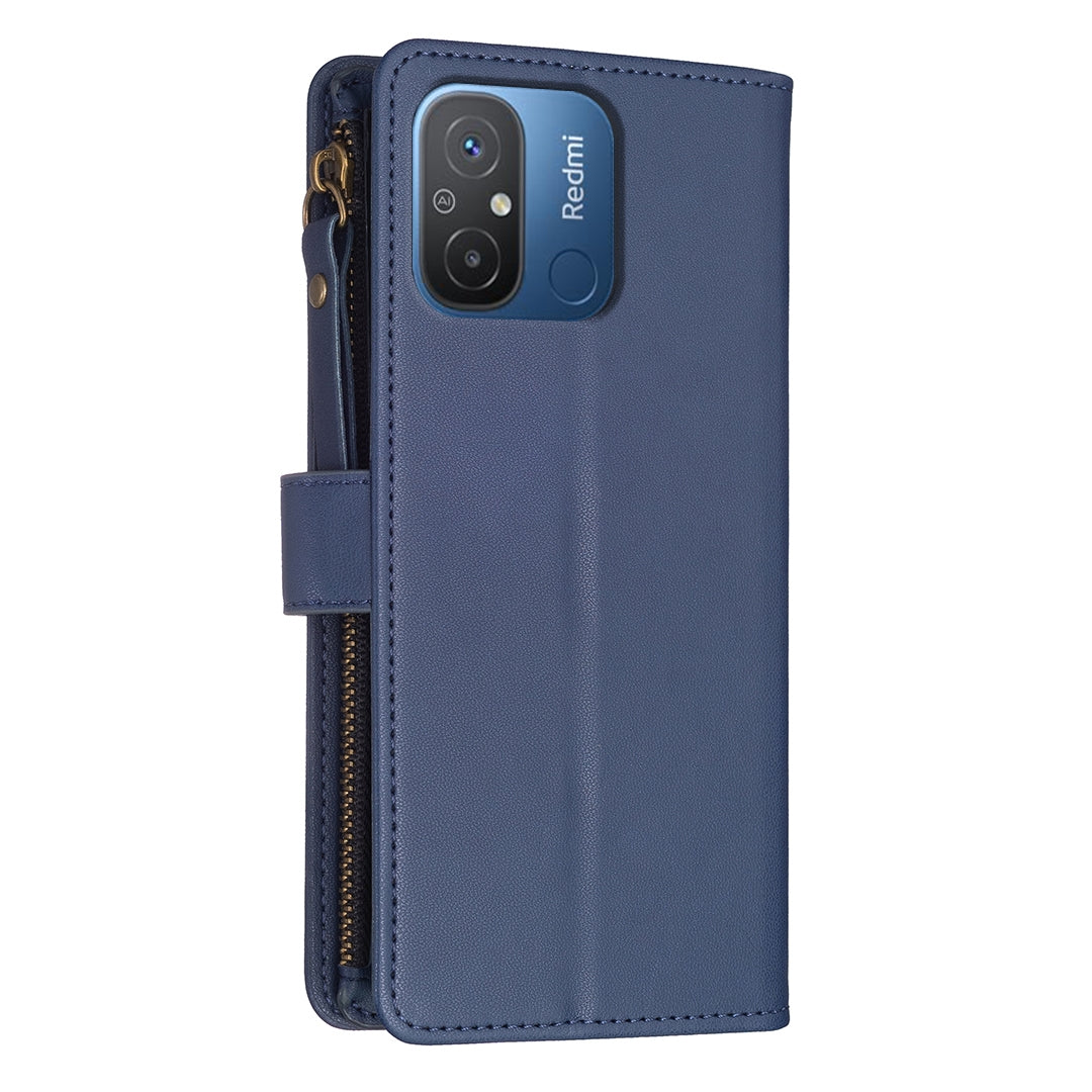 Xiaomi Redmi 12C Leather Flip Phone Case with 9 Card Slots, Zipper Wallet & Detachable Wristlet Strap