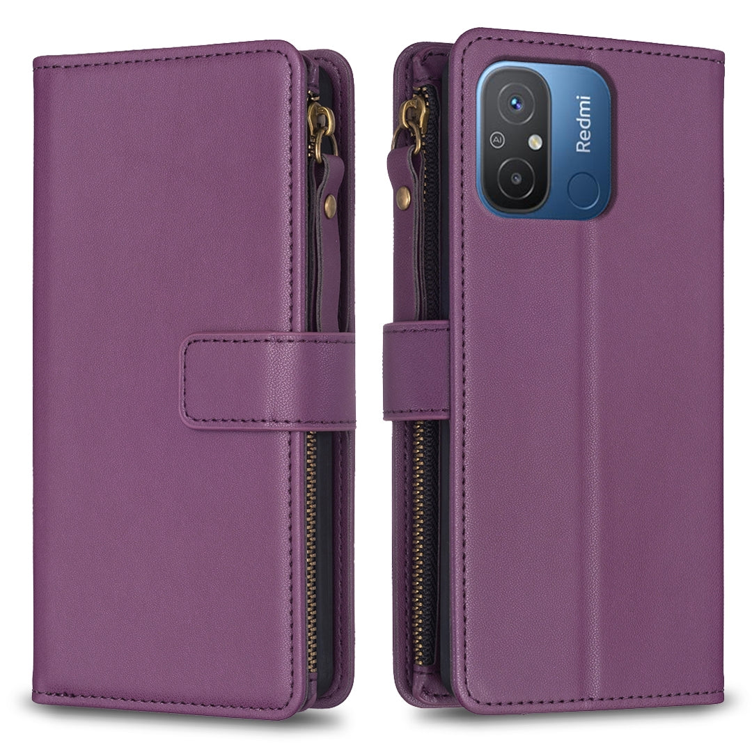 Xiaomi Redmi 12C Leather Flip Phone Case with 9 Card Slots, Zipper Wallet & Detachable Wristlet Strap