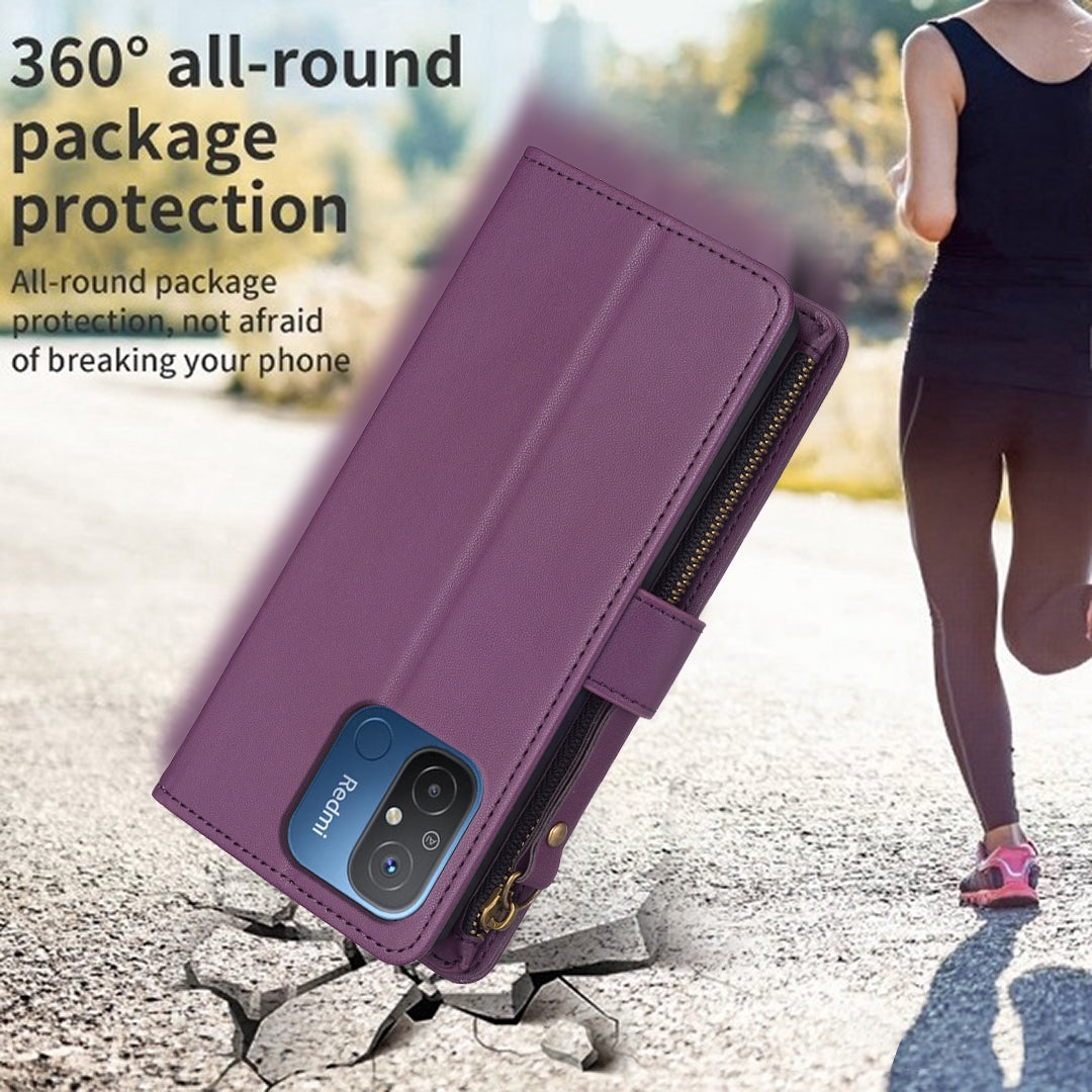 Xiaomi Redmi 12C Leather Flip Phone Case with 9 Card Slots, Zipper Wallet & Detachable Wristlet Strap