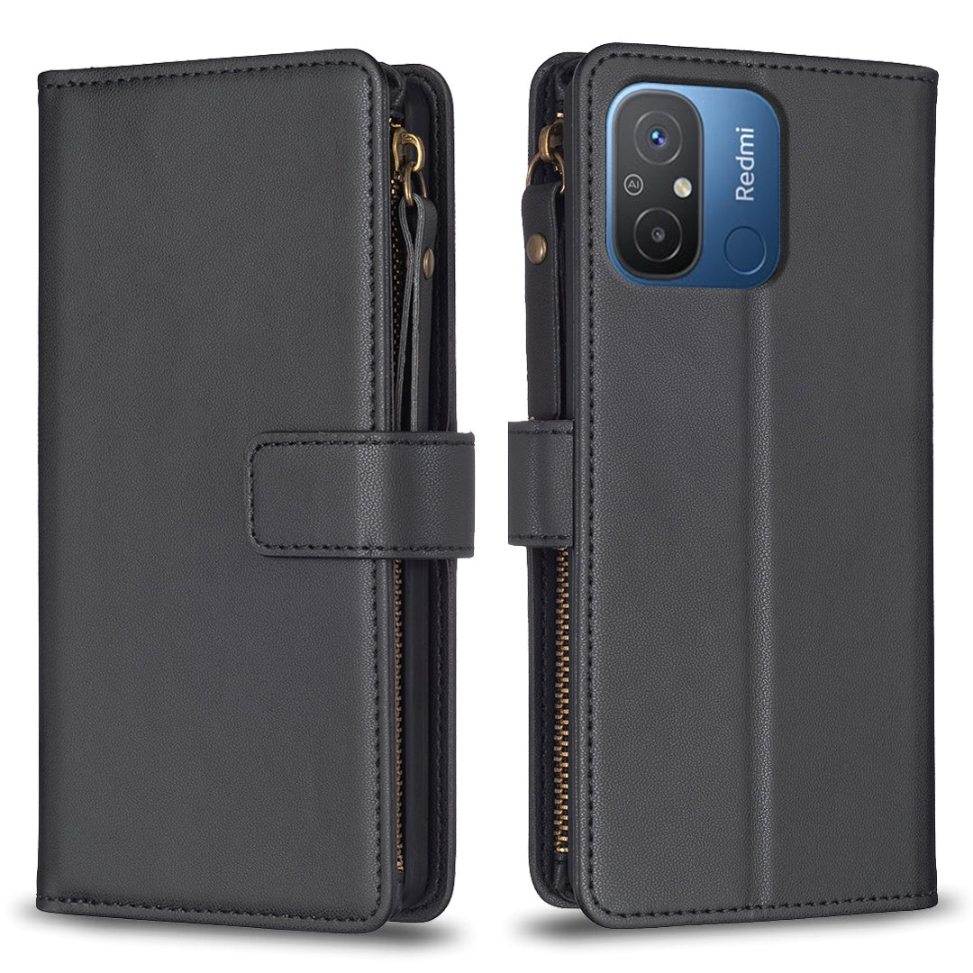 Xiaomi Redmi 12C Leather Flip Phone Case with 9 Card Slots, Zipper Wallet & Detachable Wristlet Strap