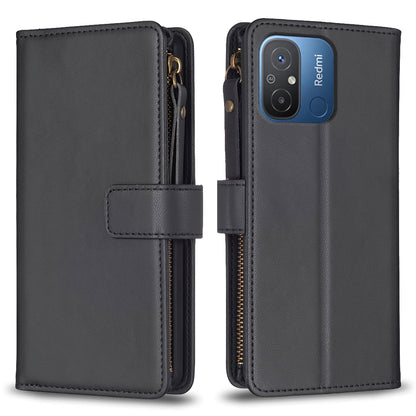 Xiaomi Redmi 12C Leather Flip Phone Case with 9 Card Slots, Zipper Wallet & Detachable Wristlet Strap