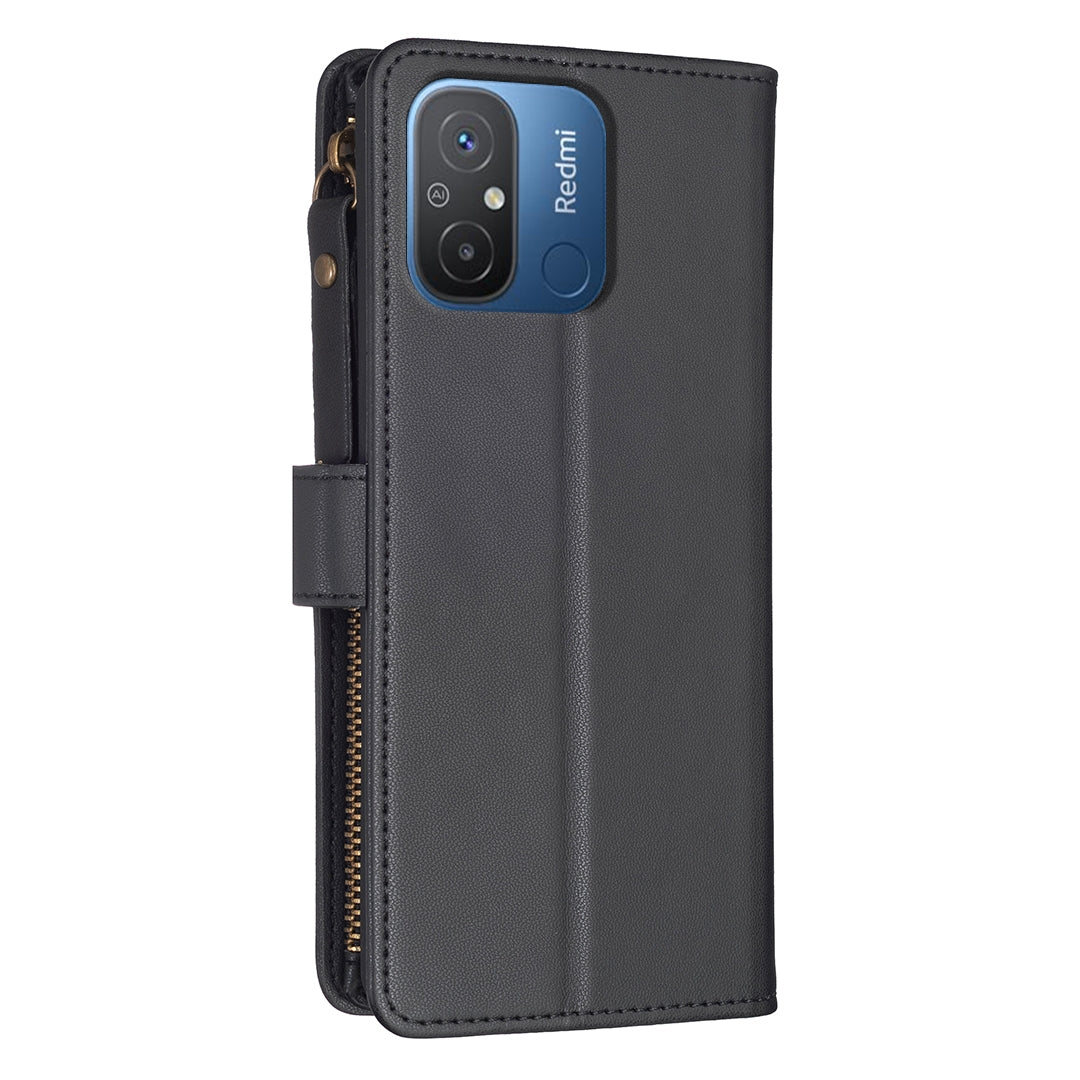 Xiaomi Redmi 12C Leather Flip Phone Case with 9 Card Slots, Zipper Wallet & Detachable Wristlet Strap