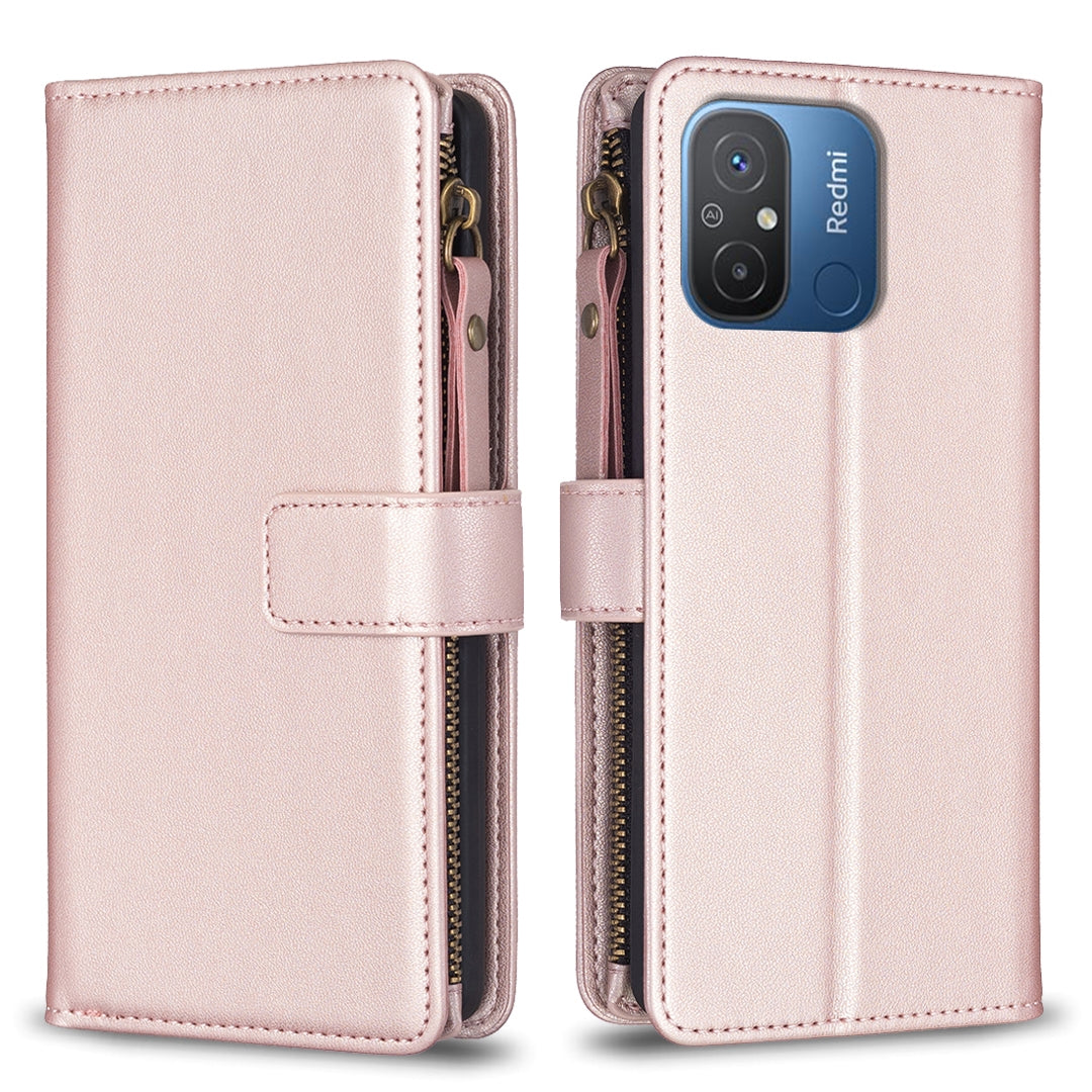 Xiaomi Redmi 12C Leather Flip Phone Case with 9 Card Slots, Zipper Wallet & Detachable Wristlet Strap