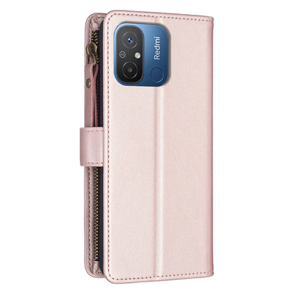 Xiaomi Redmi 12C Leather Flip Phone Case with 9 Card Slots, Zipper Wallet & Detachable Wristlet Strap