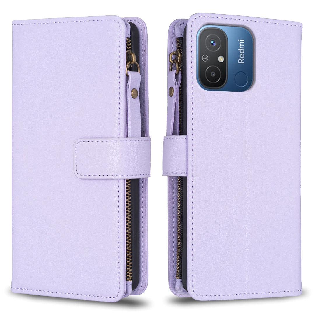 Xiaomi Redmi 12C Leather Flip Phone Case with 9 Card Slots, Zipper Wallet & Detachable Wristlet Strap