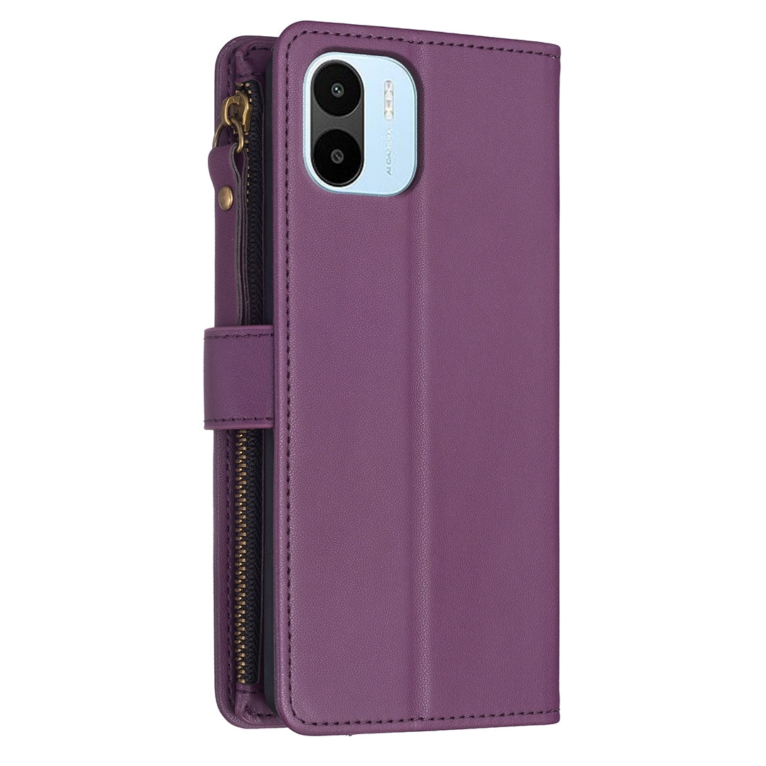 Xiaomi Redmi A1 Leather Flip Phone Case with 9 Card Slots, Zipper Wallet & Detachable Wristlet Strap