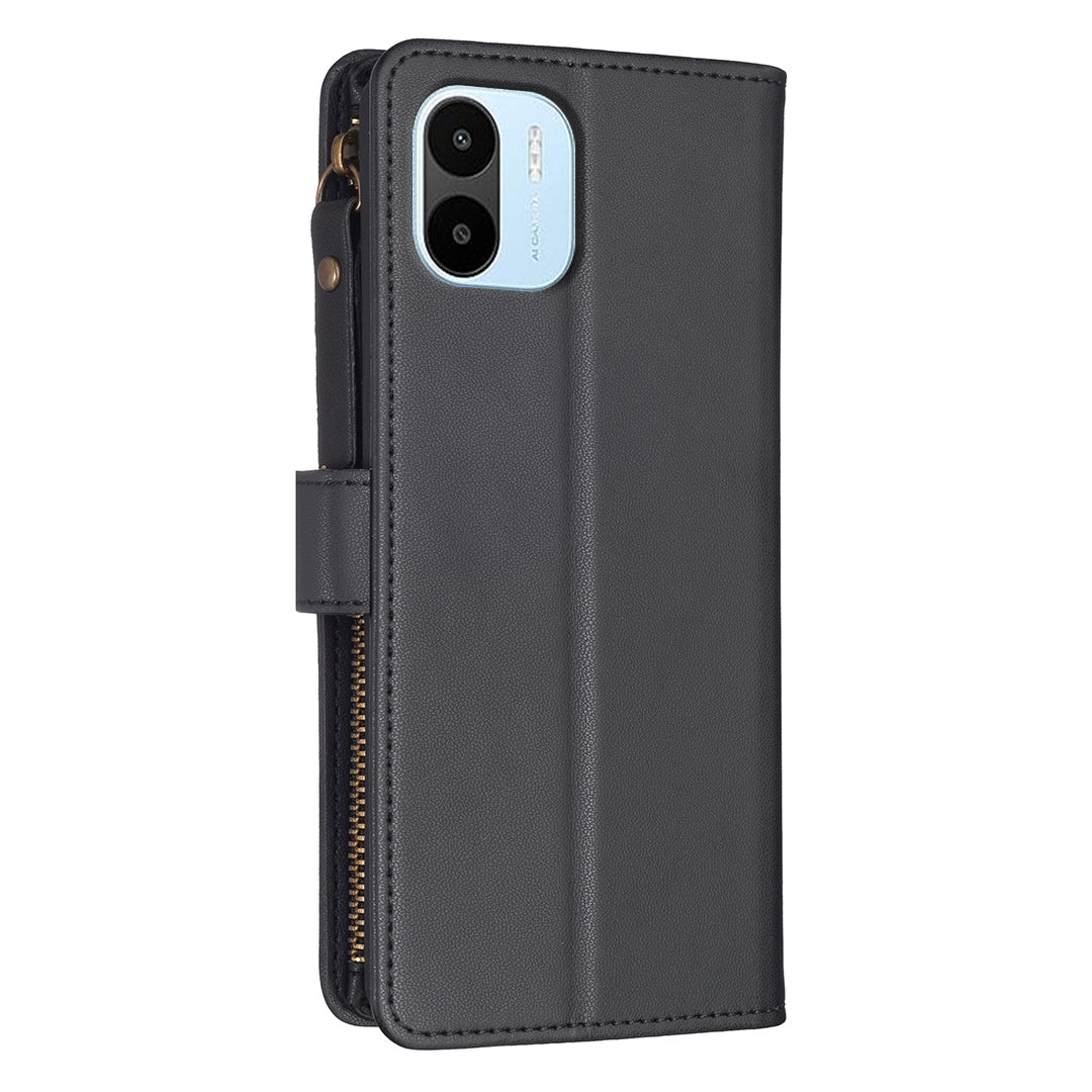 Xiaomi Redmi A2 Leather Flip Phone Case with 9 Card Slots, Zipper Wallet & Detachable Wristlet Strap