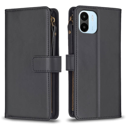 Xiaomi Redmi A2 Leather Flip Phone Case with 9 Card Slots, Zipper Wallet & Detachable Wristlet Strap