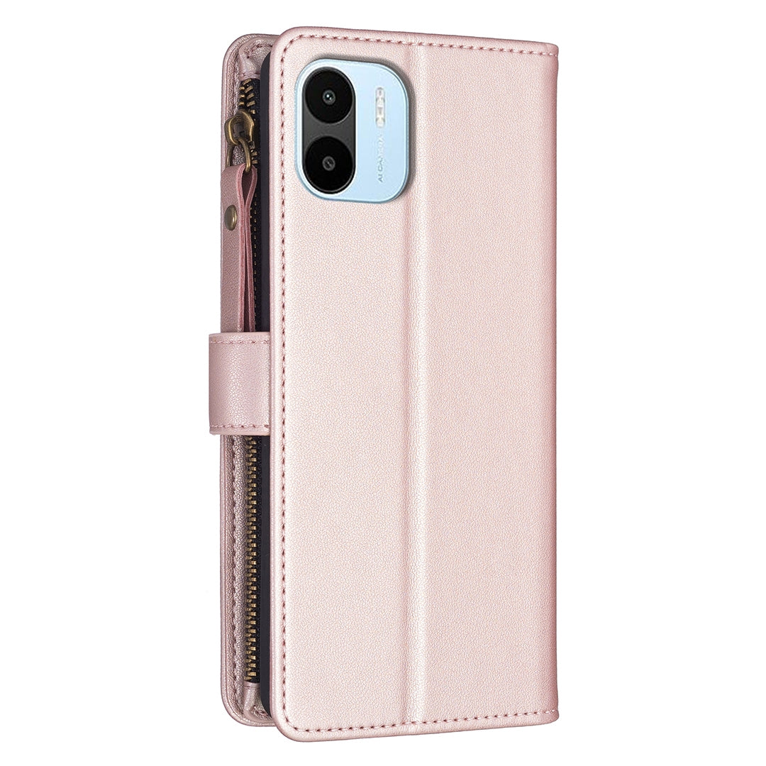 Xiaomi Redmi A1 Leather Flip Phone Case with 9 Card Slots, Zipper Wallet & Detachable Wristlet Strap
