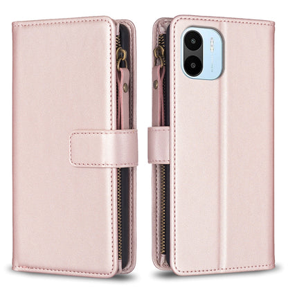 Xiaomi Redmi A2 Leather Flip Phone Case with 9 Card Slots, Zipper Wallet & Detachable Wristlet Strap