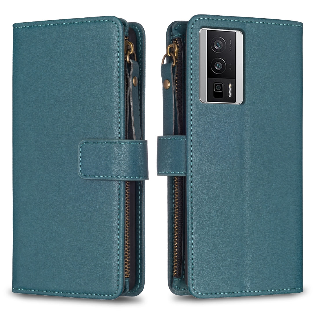 Xiaomi Redmi K60 Pro Leather Flip Phone Case with 9 Card Slots, Zipper Wallet & Detachable Wristlet Strap