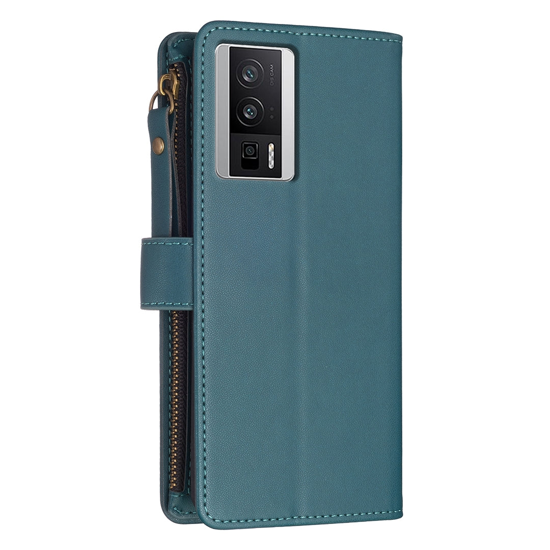 Xiaomi Redmi K60 Pro Leather Flip Phone Case with 9 Card Slots, Zipper Wallet & Detachable Wristlet Strap
