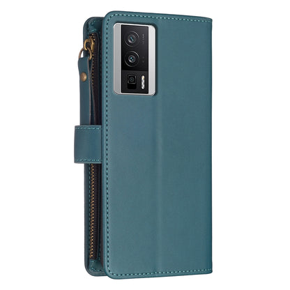 Xiaomi Redmi K60 Pro Leather Flip Phone Case with 9 Card Slots, Zipper Wallet & Detachable Wristlet Strap