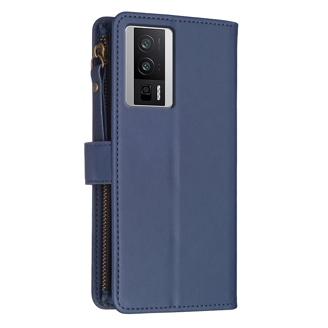 Xiaomi Redmi K60 Leather Flip Phone Case with 9 Card Slots, Zipper Wallet & Detachable Wristlet Strap