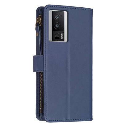 Xiaomi Redmi K60 Pro Leather Flip Phone Case with 9 Card Slots, Zipper Wallet & Detachable Wristlet Strap