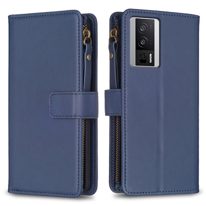 Xiaomi Redmi K60 Pro Leather Flip Phone Case with 9 Card Slots, Zipper Wallet & Detachable Wristlet Strap