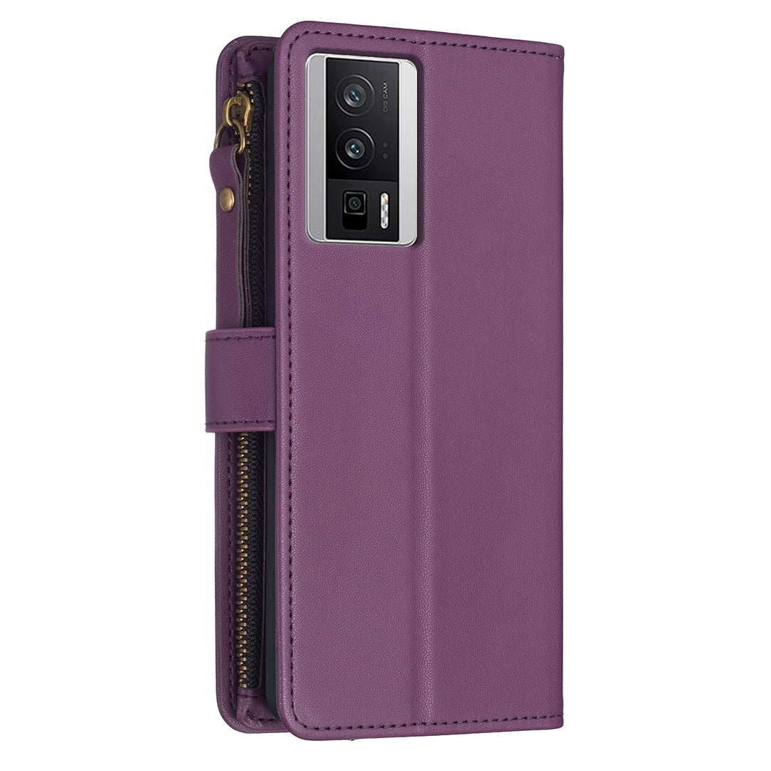 Xiaomi Redmi K60 Pro Leather Flip Phone Case with 9 Card Slots, Zipper Wallet & Detachable Wristlet Strap