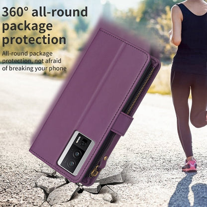 Xiaomi Redmi K60 Pro Leather Flip Phone Case with 9 Card Slots, Zipper Wallet & Detachable Wristlet Strap