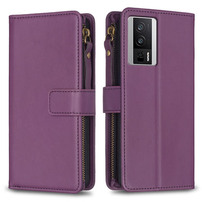 Xiaomi Redmi K60 Pro Leather Flip Phone Case with 9 Card Slots, Zipper Wallet & Detachable Wristlet Strap