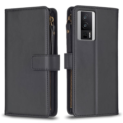 Xiaomi Redmi K60 Leather Flip Phone Case with 9 Card Slots, Zipper Wallet & Detachable Wristlet Strap