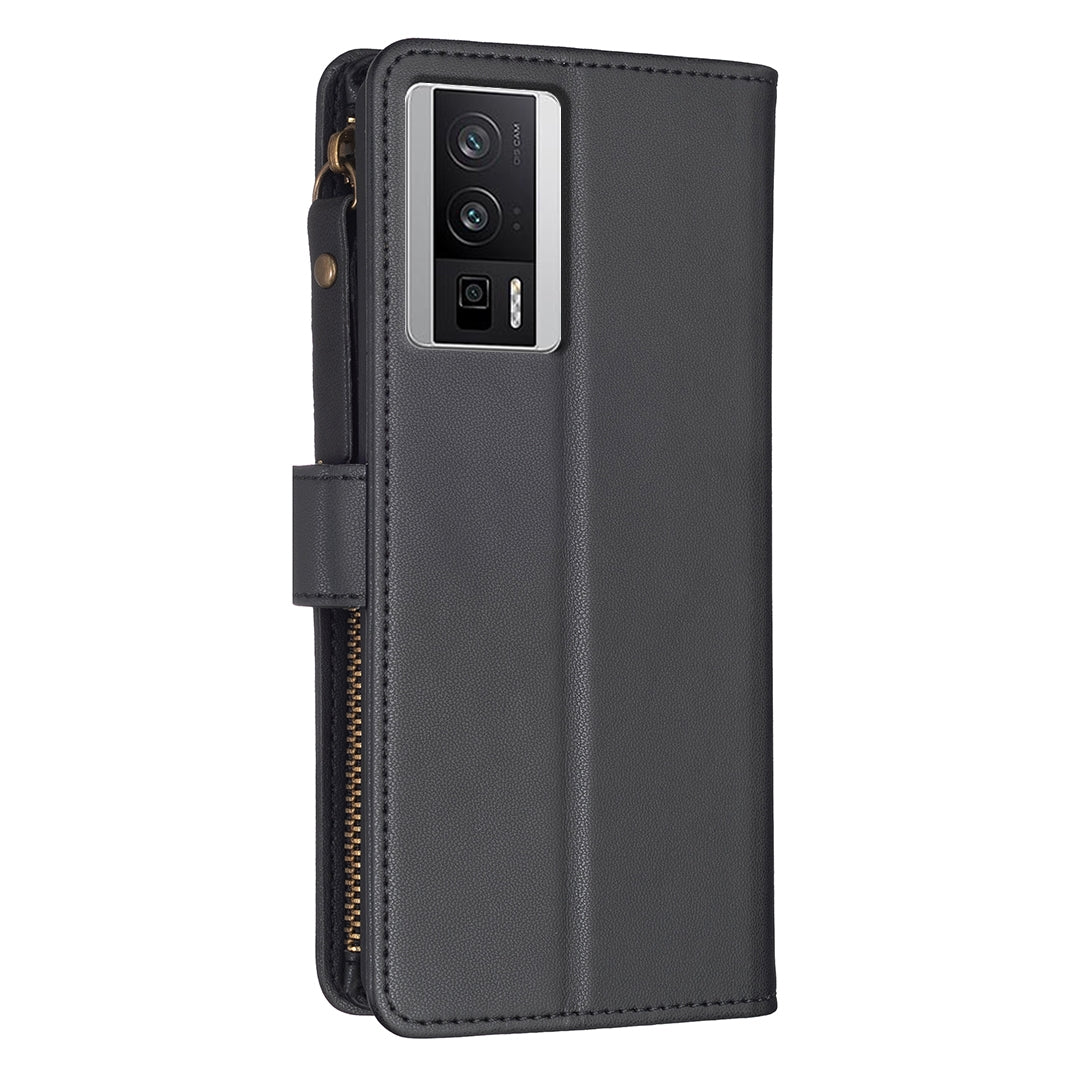 Xiaomi Redmi K60 Pro Leather Flip Phone Case with 9 Card Slots, Zipper Wallet & Detachable Wristlet Strap