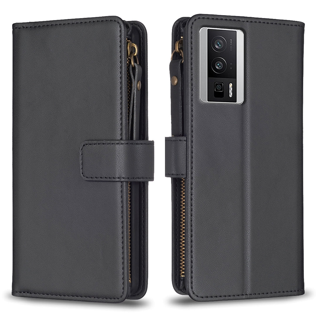 Xiaomi Redmi K60 Pro Leather Flip Phone Case with 9 Card Slots, Zipper Wallet & Detachable Wristlet Strap