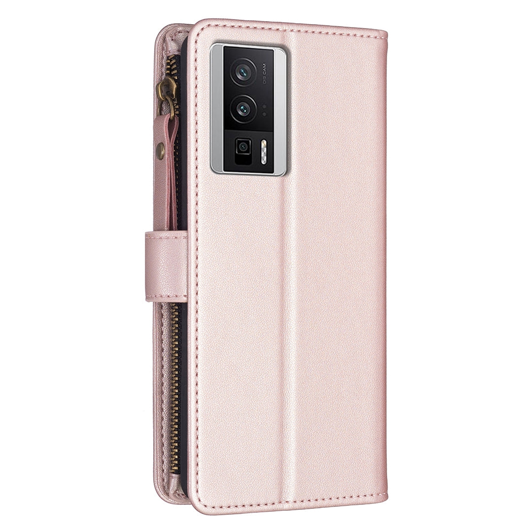 Xiaomi Redmi K60 Leather Flip Phone Case with 9 Card Slots, Zipper Wallet & Detachable Wristlet Strap