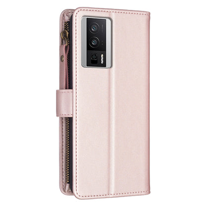 Xiaomi Redmi K60 Pro Leather Flip Phone Case with 9 Card Slots, Zipper Wallet & Detachable Wristlet Strap