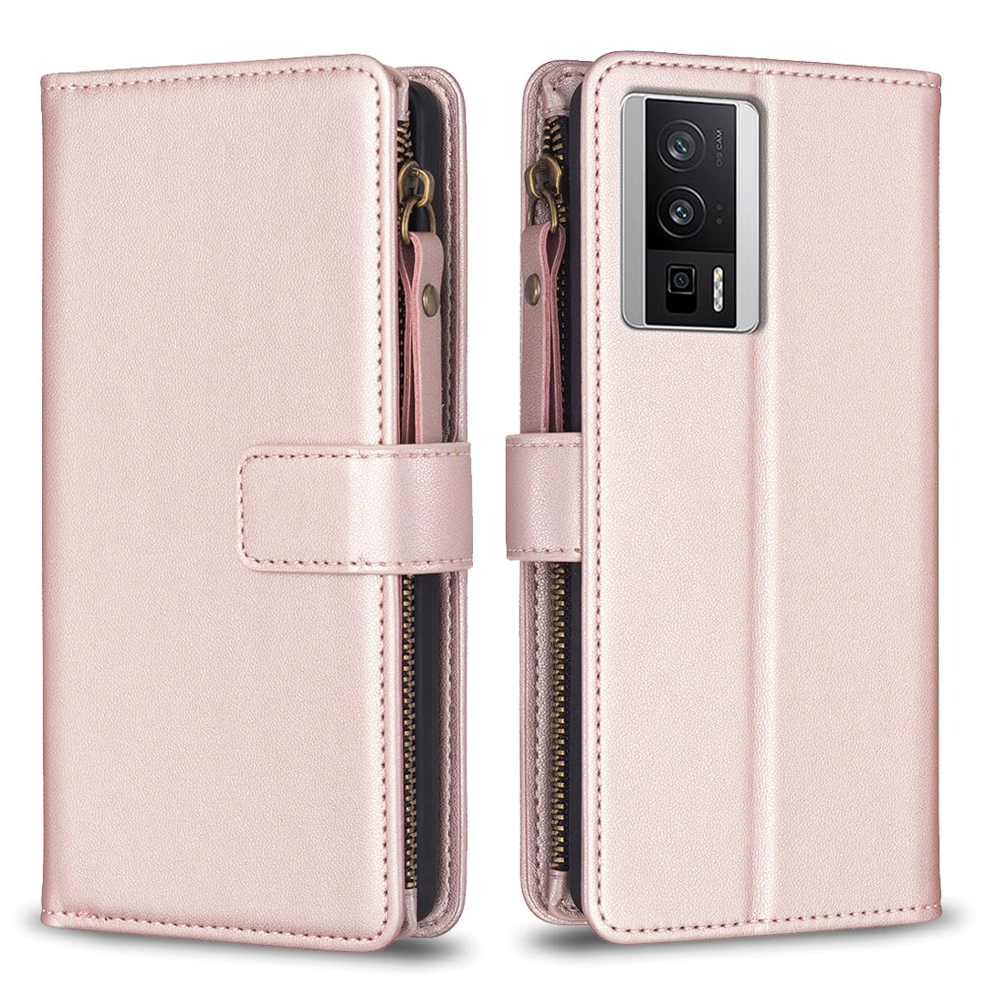 Xiaomi Redmi K60 Pro Leather Flip Phone Case with 9 Card Slots, Zipper Wallet & Detachable Wristlet Strap