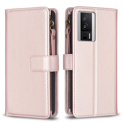 Xiaomi Redmi K60 Pro Leather Flip Phone Case with 9 Card Slots, Zipper Wallet & Detachable Wristlet Strap
