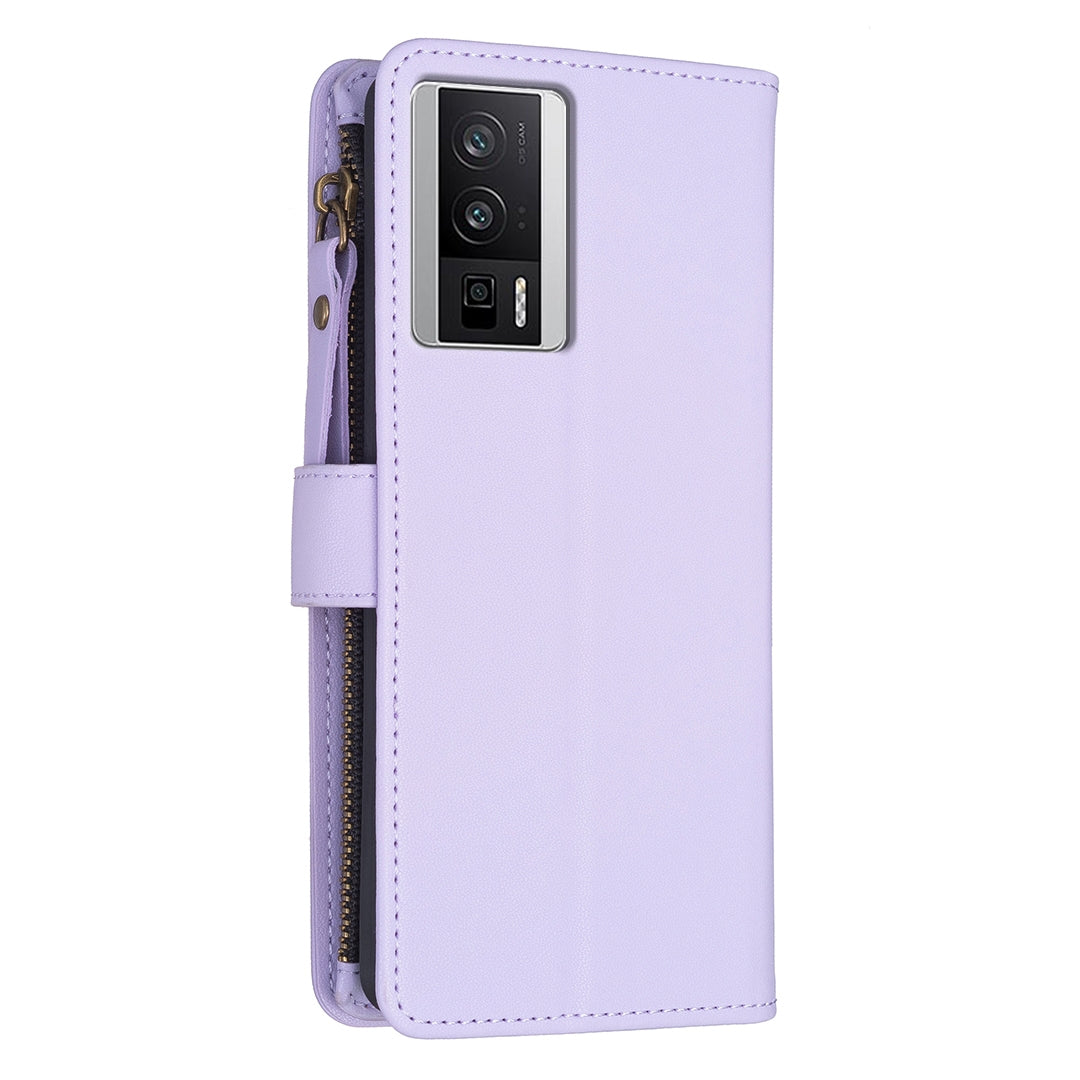 Xiaomi Redmi K60 Pro Leather Flip Phone Case with 9 Card Slots, Zipper Wallet & Detachable Wristlet Strap