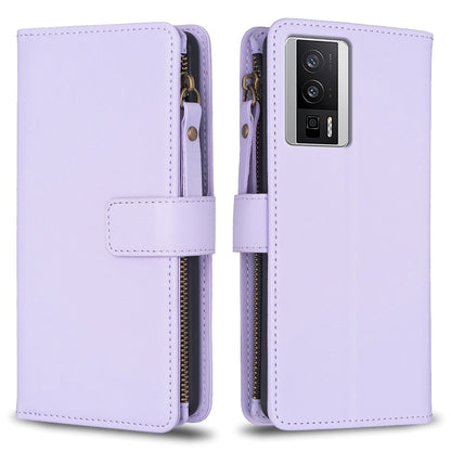 Xiaomi Redmi K60 Pro Leather Flip Phone Case with 9 Card Slots, Zipper Wallet & Detachable Wristlet Strap