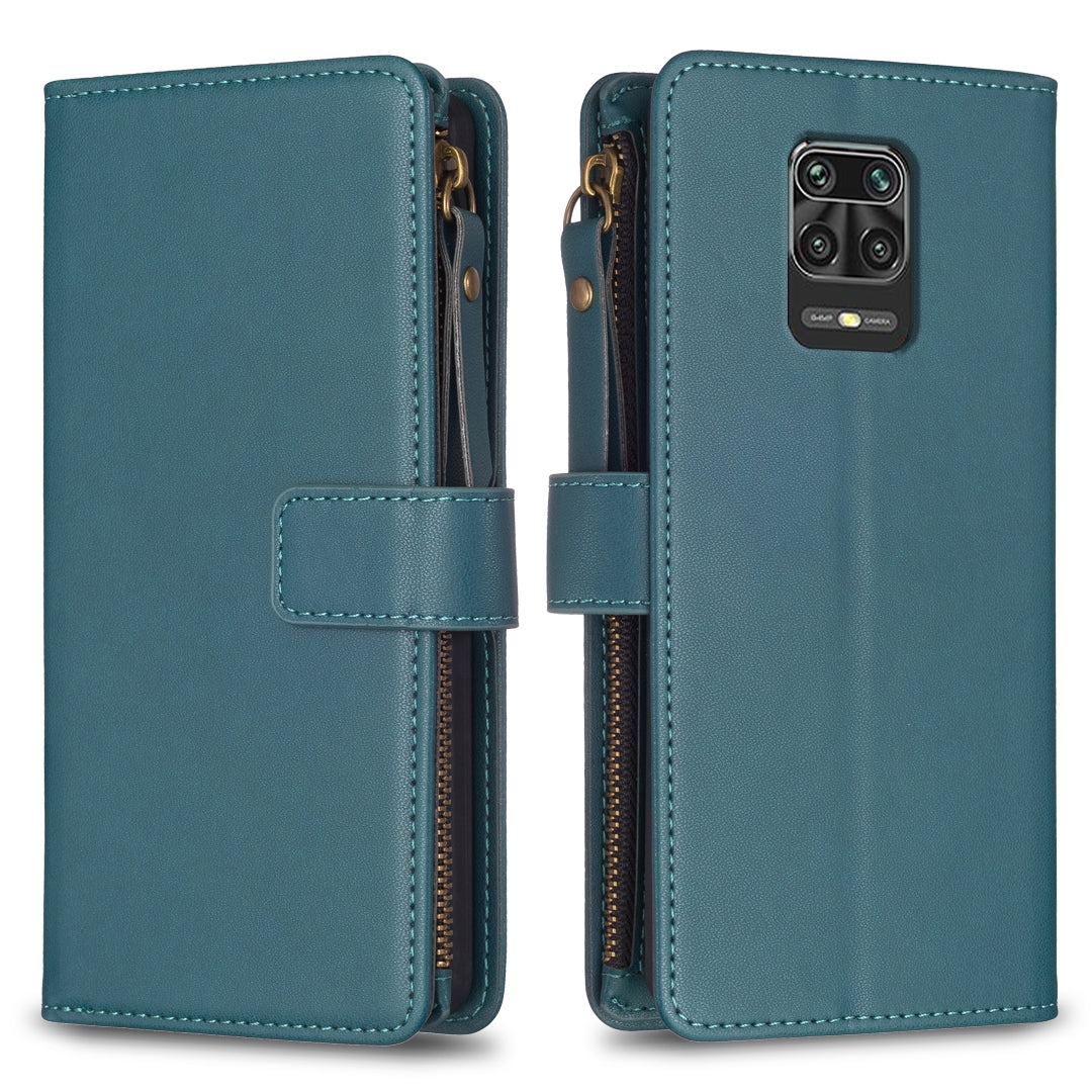 Xiaomi Redmi Note 9 Pro Max Leather Flip Phone Case with 9 Card Slots, Zipper Wallet & Detachable Wristlet Strap