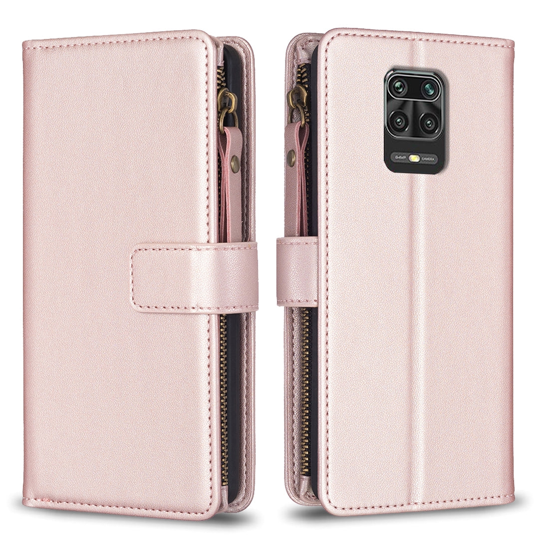 Xiaomi Redmi Note 9 Pro Max Leather Flip Phone Case with 9 Card Slots, Zipper Wallet & Detachable Wristlet Strap