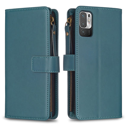 Xiaomi Redmi Note 10 5G Leather Flip Phone Case with 9 Card Slots, Zipper Wallet & Detachable Wristlet Strap
