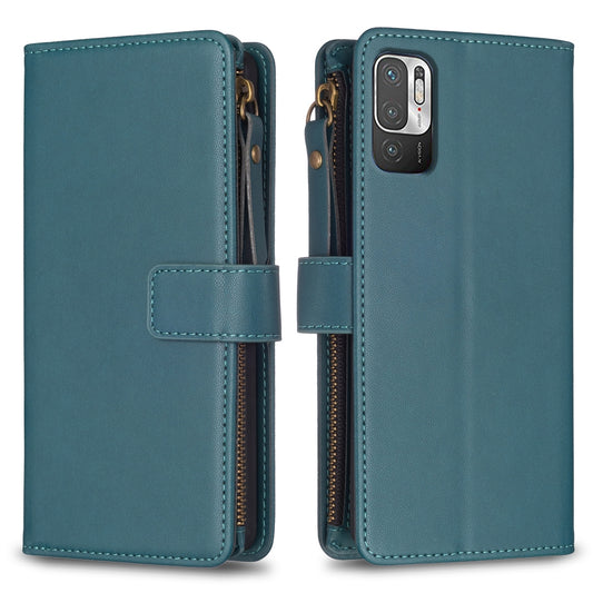 Xiaomi Redmi Note 10 5G Leather Flip Phone Case with 9 Card Slots, Zipper Wallet & Detachable Wristlet Strap