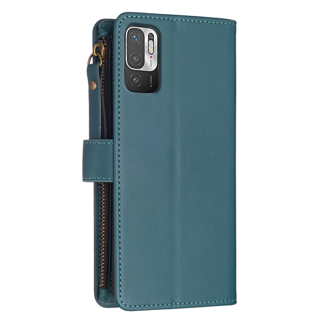 Xiaomi Redmi Note 10 5G Leather Flip Phone Case with 9 Card Slots, Zipper Wallet & Detachable Wristlet Strap