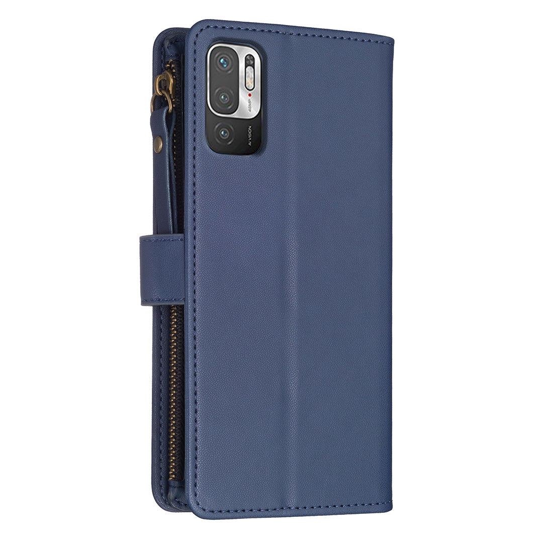 Xiaomi Redmi Note 10 5G Leather Flip Phone Case with 9 Card Slots, Zipper Wallet & Detachable Wristlet Strap