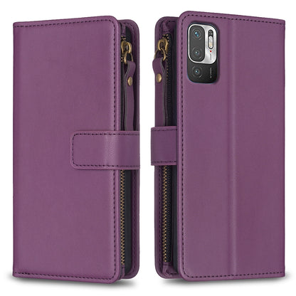 Xiaomi Redmi Note 10 5G Leather Flip Phone Case with 9 Card Slots, Zipper Wallet & Detachable Wristlet Strap