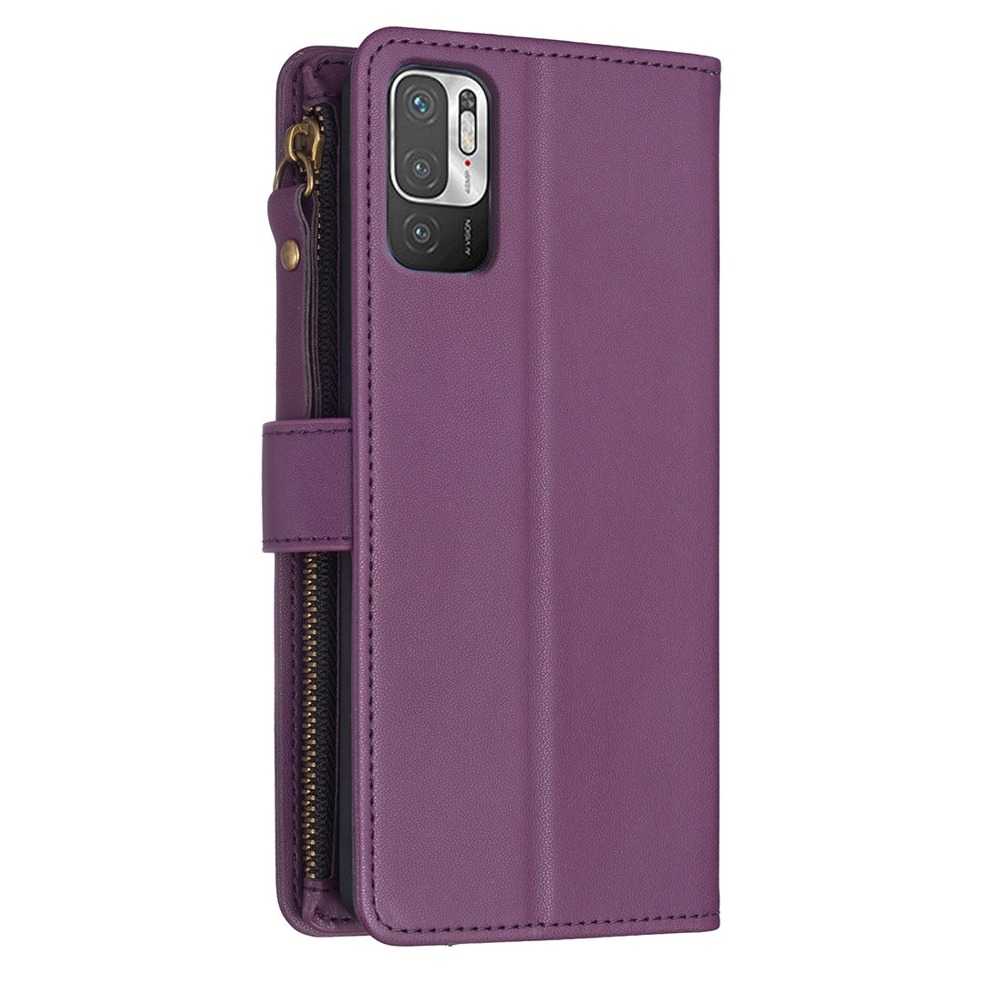 Xiaomi Redmi Note 10 5G Leather Flip Phone Case with 9 Card Slots, Zipper Wallet & Detachable Wristlet Strap