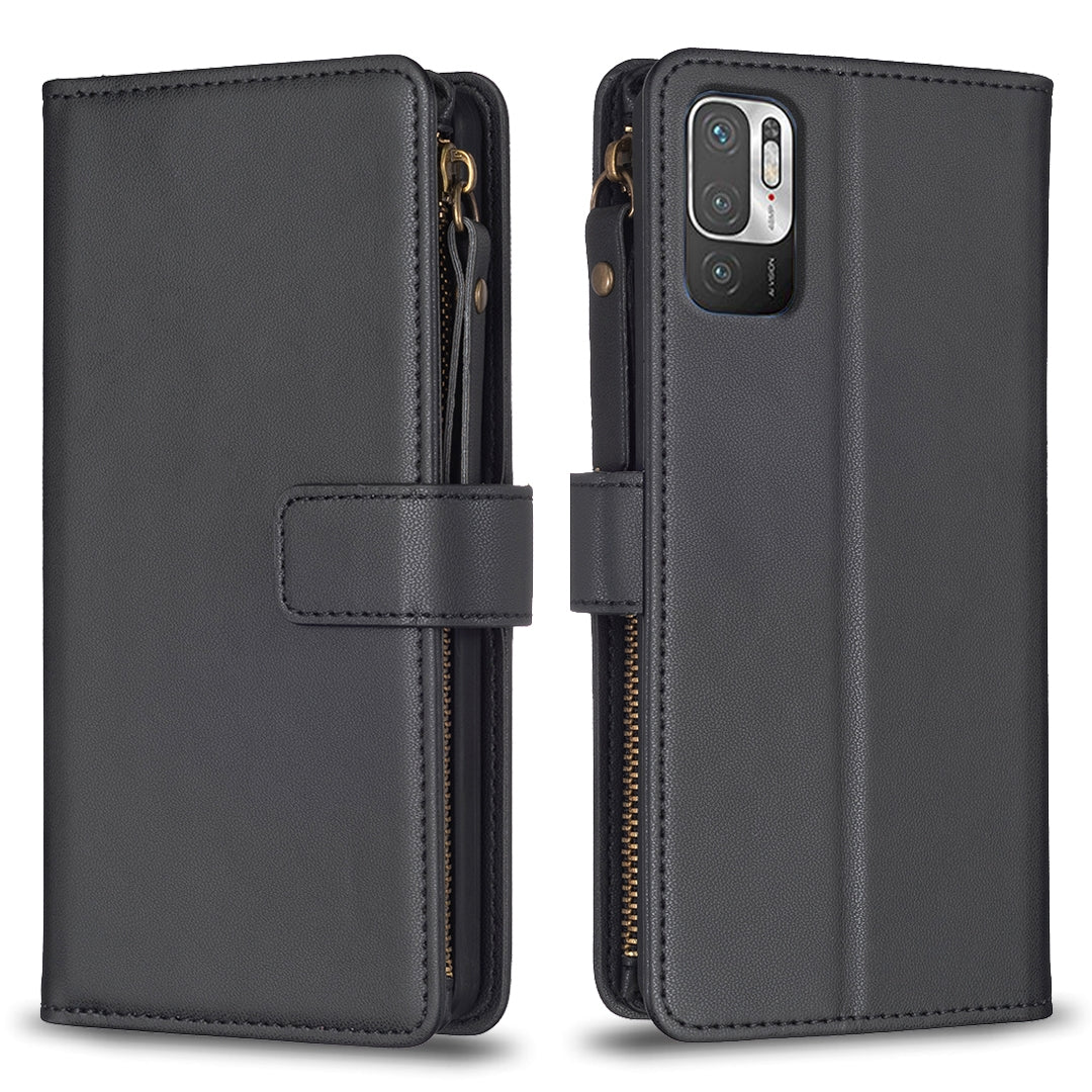 Xiaomi Redmi Note 10 5G Leather Flip Phone Case with 9 Card Slots, Zipper Wallet & Detachable Wristlet Strap