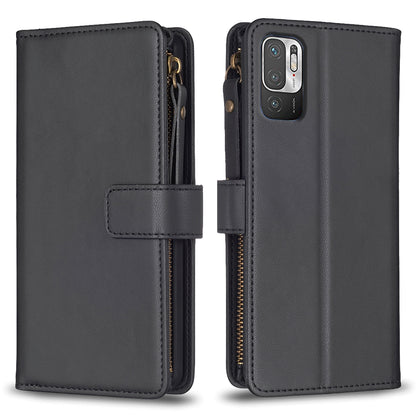 Xiaomi Redmi Note 10 5G Leather Flip Phone Case with 9 Card Slots, Zipper Wallet & Detachable Wristlet Strap