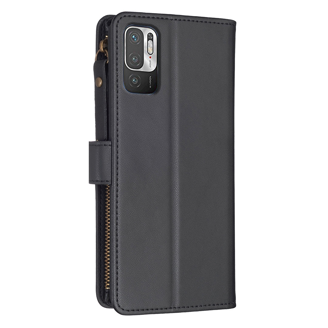 Xiaomi Redmi Note 10 5G Leather Flip Phone Case with 9 Card Slots, Zipper Wallet & Detachable Wristlet Strap