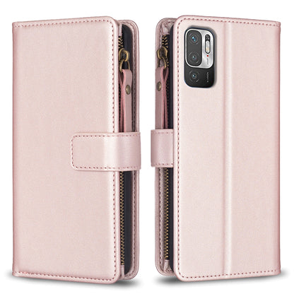 Xiaomi Redmi Note 10 5G Leather Flip Phone Case with 9 Card Slots, Zipper Wallet & Detachable Wristlet Strap