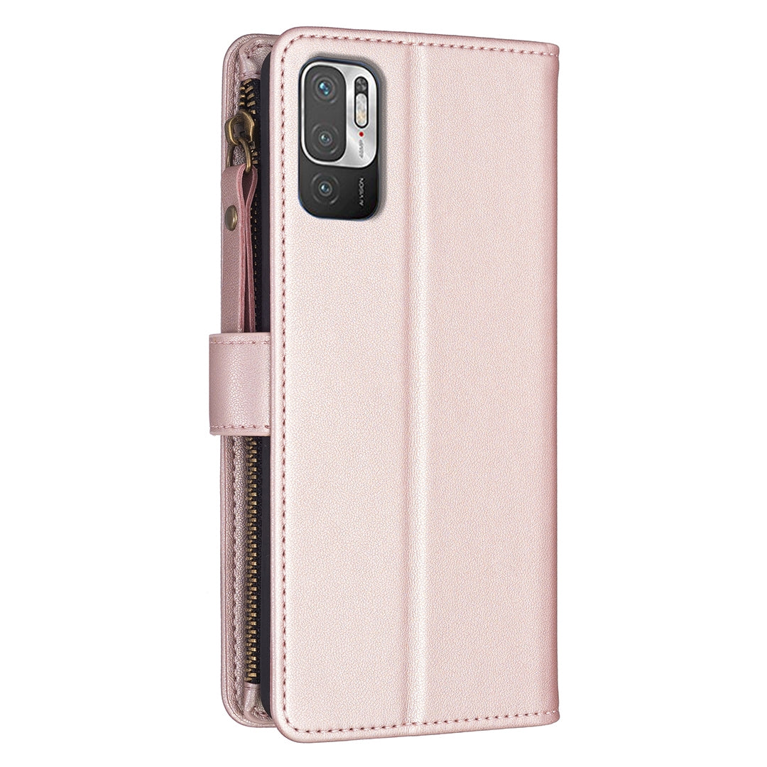 Xiaomi Redmi Note 10 5G Leather Flip Phone Case with 9 Card Slots, Zipper Wallet & Detachable Wristlet Strap