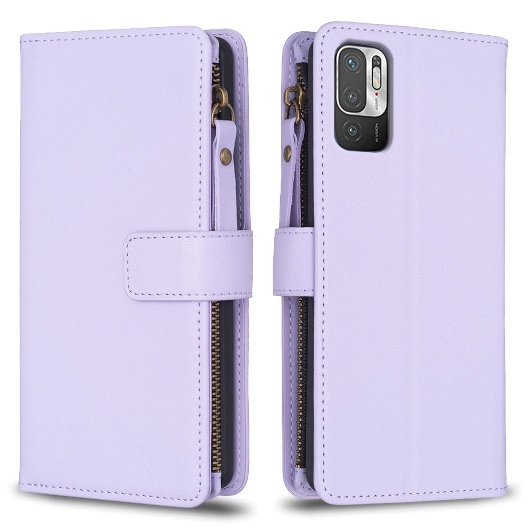 Xiaomi Redmi Note 10 5G Leather Flip Phone Case with 9 Card Slots, Zipper Wallet & Detachable Wristlet Strap