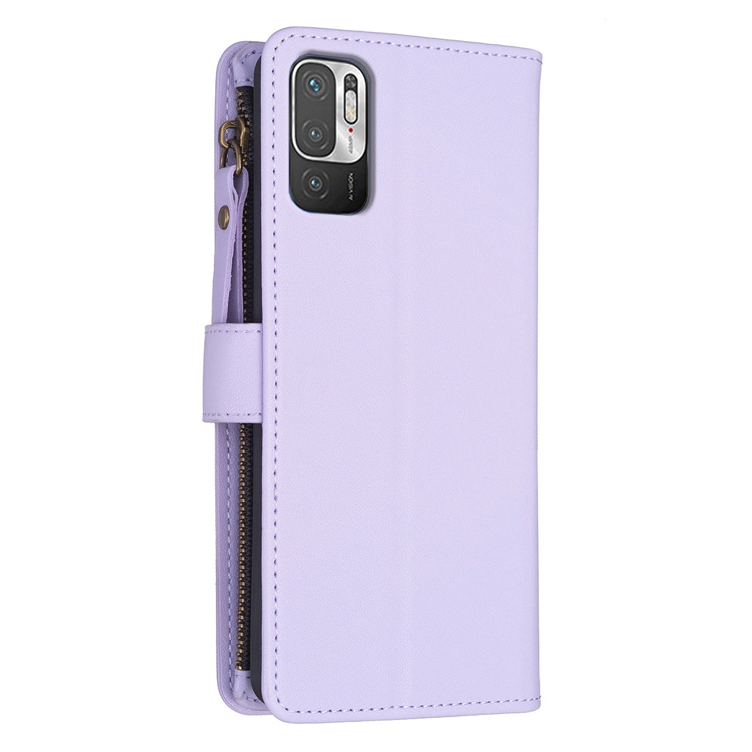 Xiaomi Redmi Note 10 5G Leather Flip Phone Case with 9 Card Slots, Zipper Wallet & Detachable Wristlet Strap